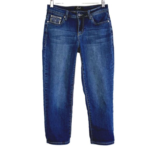EARL JEAN  Blue Rhinestone Cotton Stretch Denim Jeans Capri Cropped Embroidered - Picture 2 of 8